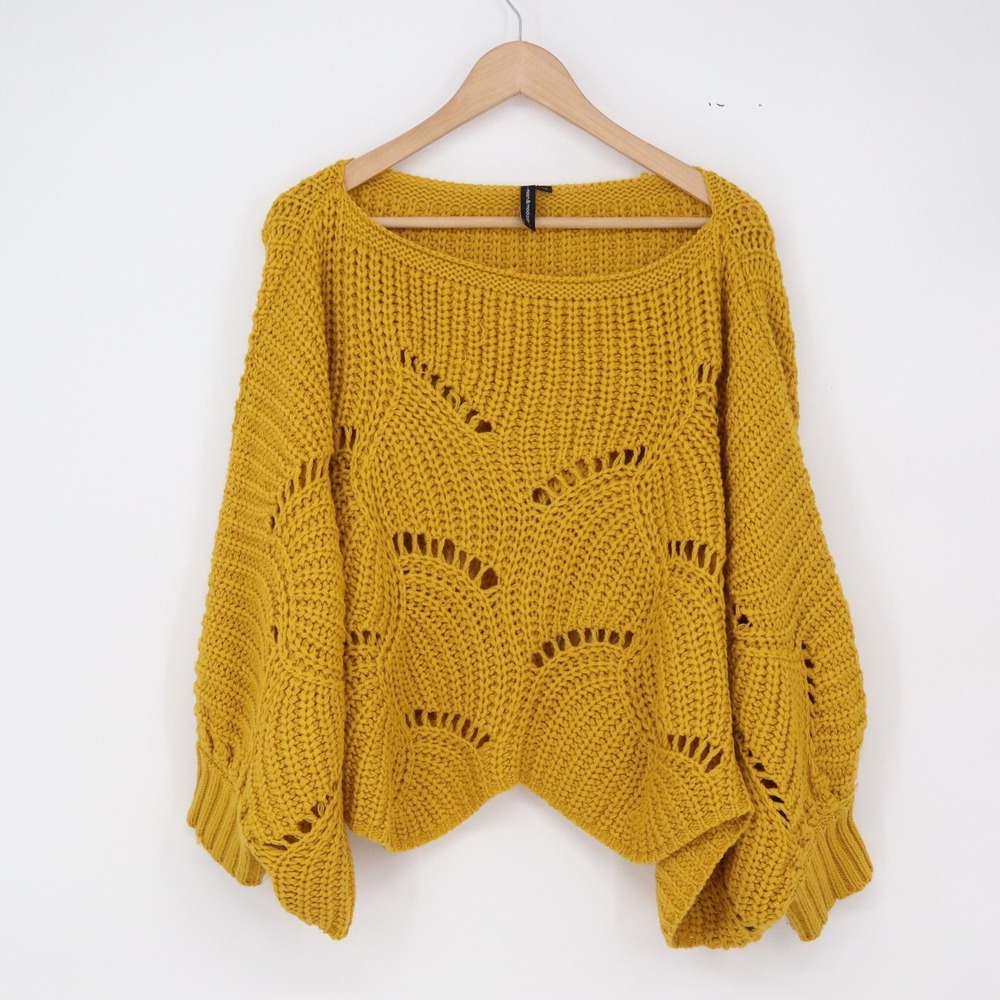 Moon & Madison Sweater Womens M Scallop Pointelle Mustard Yellow Bell Sleeve